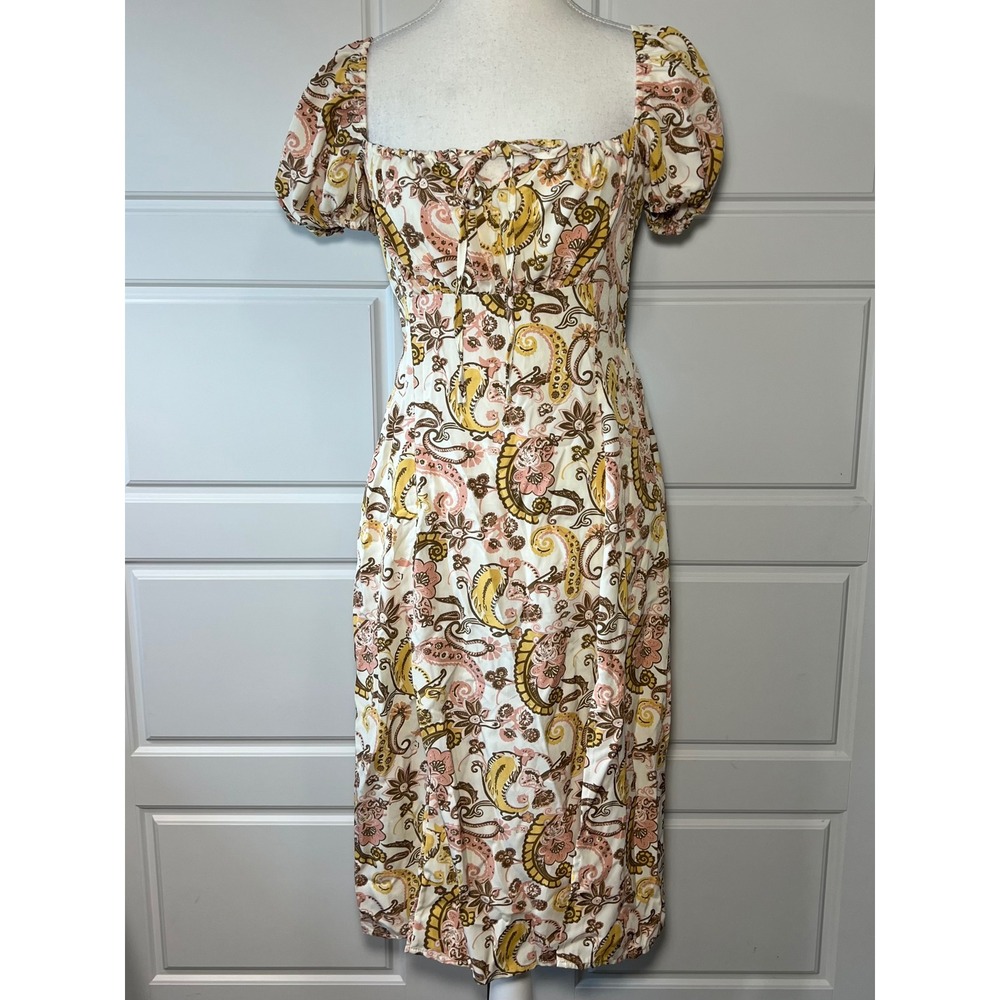 Dizzy‎ Lizzy Autumn Paisley Floral Square Neck Puff Sleeve Midi Dress Medium